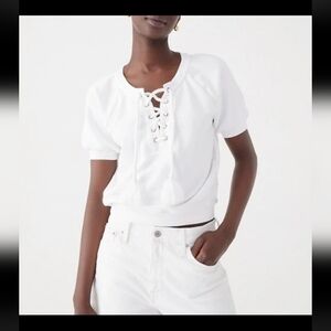 J CREW Women's White Lace-Up University Terry Short Sleeve Top Size S
